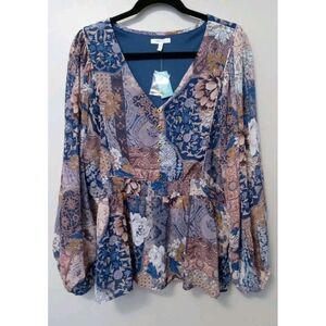 Maurices Women Multocolor Floral  Elastic Waist Half‎ Button Top Blouse Size 0X